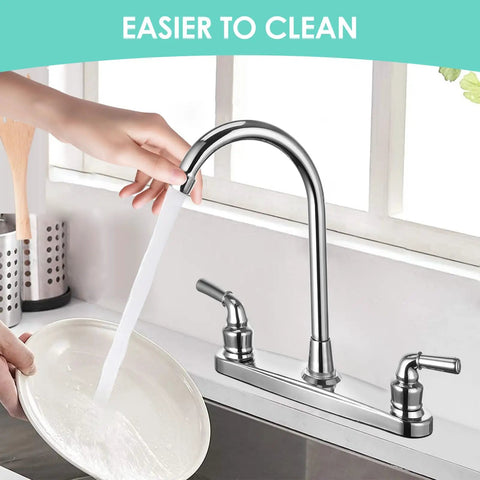 Heavy Duty Rv Kitchen Faucet With Chrome Finish And Abs Body Built Tough Offers Two Levers Plus Eight Inch Base in use at sink.