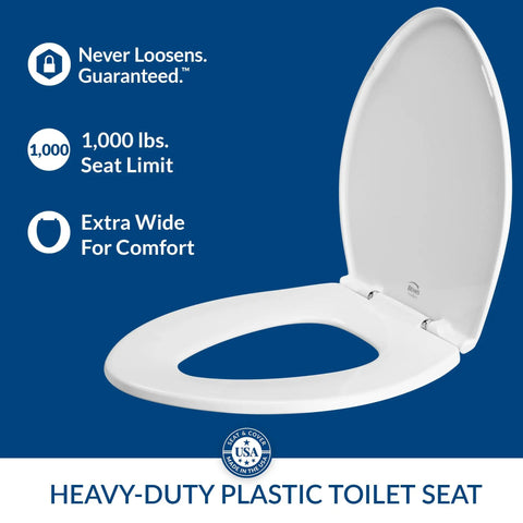 Paramont Heavy Duty Oversized Toilet Seat For Round And Elongated Toilets, extra wide plastic white design, 1000 lb capacity, USA made.