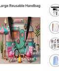 Flame Bird Camping RV Themed Tote Bag For Women with RV and flamingo design, lightweight polyester carryall for travel and shopping.