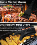 Silicone basting brush and BBQ glove in use on grill from Ultimate 26 Piece Stainless Steel BBQ Grill Tools Set With Storage Bag.