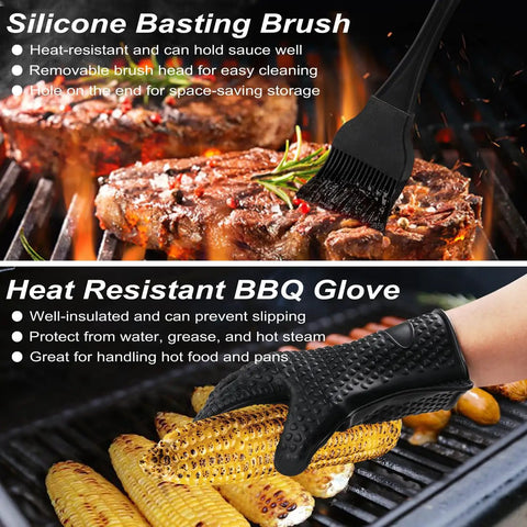 Silicone basting brush and BBQ glove in use on grill from Ultimate 26 Piece Stainless Steel BBQ Grill Tools Set With Storage Bag.