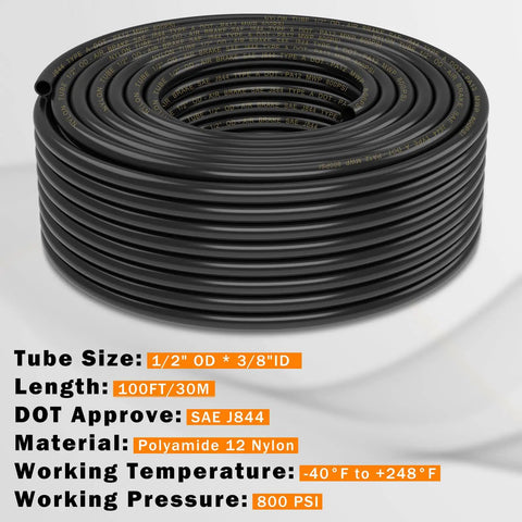Coiled PA12 Nylon DOT Air Line One Half Inch OD Pneumatic Tubing, 100 Feet Long, SAE J844 Compliant, for industrial use.