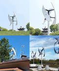 2000W Vertical Axis Wind Turbine With Permanent Magnet Generator and Smart Controller on roof and grass backgrounds.