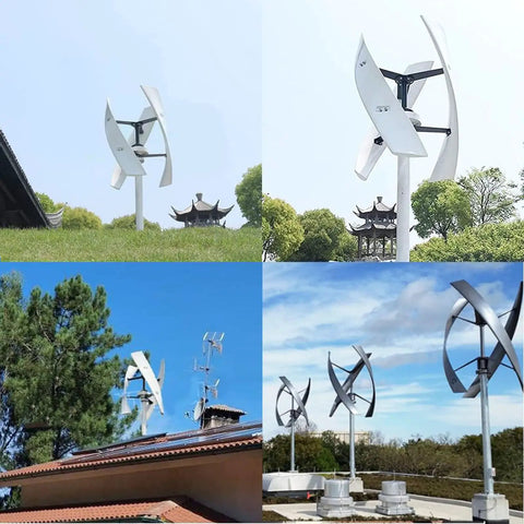 2000W Vertical Axis Wind Turbine With Permanent Magnet Generator and Smart Controller on roof and grass backgrounds.