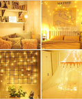 99 Ft 300 LED Copper String Lights With Remote decorating indoor bedrooms and living room spaces with warm white ambiance