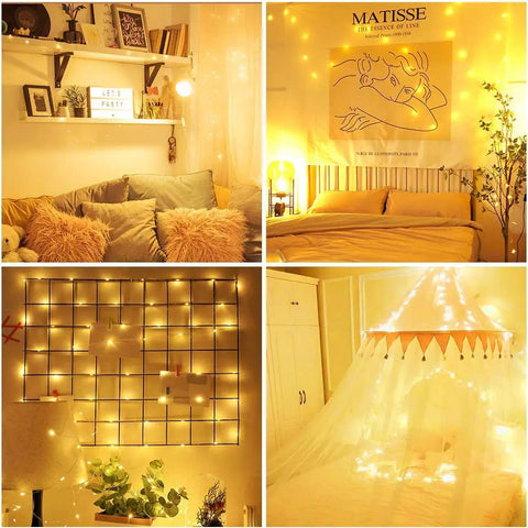 99 Ft 300 LED Copper String Lights With Remote decorating indoor bedrooms and living room spaces with warm white ambiance