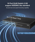 Unmanaged 16 Port 2.5G Ethernet Switch Plug And Play Base T No Fuss Setup 16x 2.5GBASE-T ports displayed, metal housing fanless design.