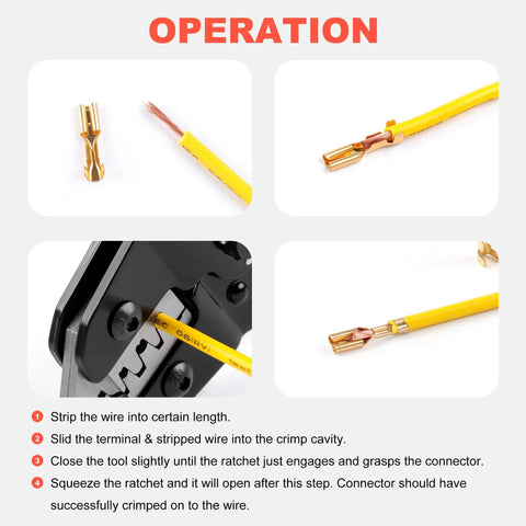 Four-step operation guide with yellow wire and terminal using a Ratcheting Wire Crimp Tool For JST Dupont And Molex Terminals.