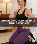 Person using Door Mount Hamstring Curl Strap With Extra Large Foam Stopper And Thick Neoprene Padding for Nordic curls at home.
