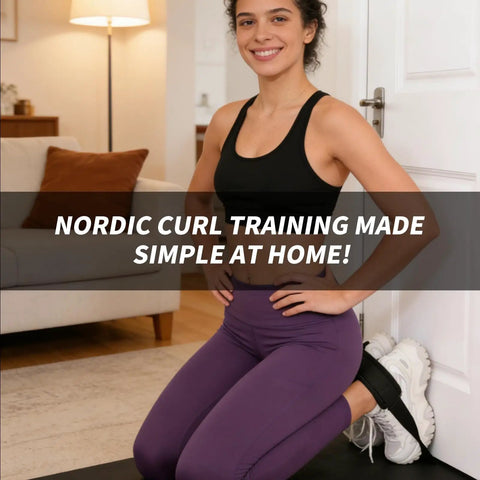 Person using Door Mount Hamstring Curl Strap With Extra Large Foam Stopper And Thick Neoprene Padding for Nordic curls at home.