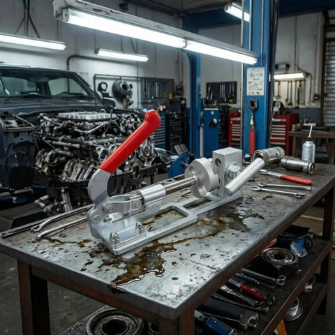 Heavy Duty Vehicle Connector Pipe Press Clamping Tool With Adjustable Bench Vise Block And Lever Mechanism Metal Structure shown on workshop table.