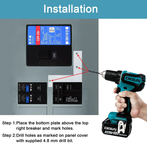 Installation of Generator Interlock Kit For BR Series 150 And 200 Amp Panels with drill and panel illustration
