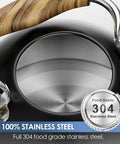 Close-up of 2.6 Quart Whistling Tea Kettle For Stovetop Black, Durable 304 Stainless Steel with wood-like handle and food grade badge.
