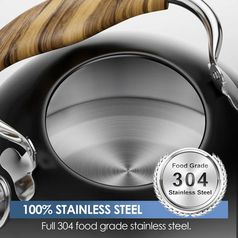 Close-up of 2.6 Quart Whistling Tea Kettle For Stovetop Black, Durable 304 Stainless Steel with wood-like handle and food grade badge.