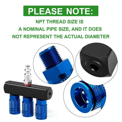Workhorse Aluminum 3 Way Air Manifold And Splitter With Four Ports For Pneumatic Tools Inline Quick Connect Sockets close-up