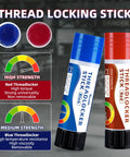 Red high strength threadlocker stick next to blue threadlocker, showing high torque and non-removable features in vibrant packaging.