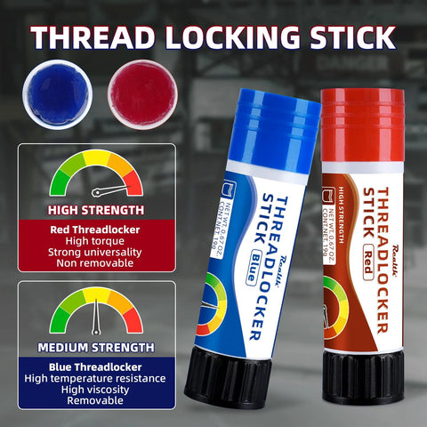 Red high strength threadlocker stick next to blue threadlocker, showing high torque and non-removable features in vibrant packaging.