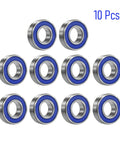 Ten 3×8×3 mm chrome steel deep groove ball bearings with blue rubber seals, 10 pcs, front view.