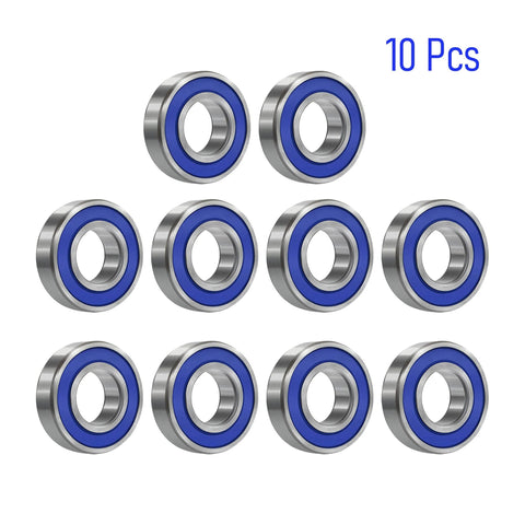 Ten 3×8×3 mm chrome steel deep groove ball bearings with blue rubber seals, 10 pcs, front view.