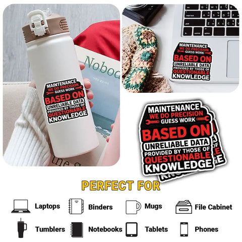 Funny Technician Humor Vinyl Sticker Pack For Toolbox Laptop Helmet Water Bottle And Journal Waterproof Decals 3 Inch Durable For Mechanics Engineers Gearheads Gift Idea showing sticker on water bottle and laptop.