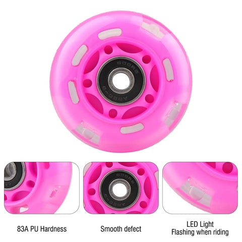 LED Light Up Inline Skate Wheels With Bushings For Kids And Beginners, pink wheel with bearing, 83A PU hardness, LED lights