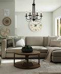 Dope Five Light Farmhouse Chandelier Black Candle Style Ceiling Light Fixture with sofa in living room setting