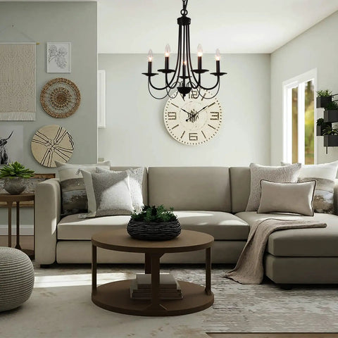Dope Five Light Farmhouse Chandelier Black Candle Style Ceiling Light Fixture with sofa in living room setting