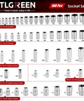 Assorted sockets from 108 Piece Workhorse Mechanic Socket Tool Kit With CR V Steel Sockets, Metric And SAE, various sizes shown.