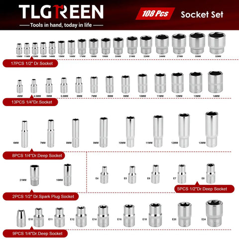Assorted sockets from 108 Piece Workhorse Mechanic Socket Tool Kit With CR V Steel Sockets, Metric And SAE, various sizes shown.
