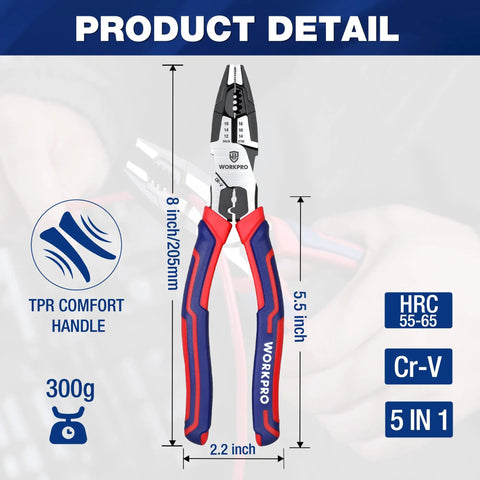 6 In 1 Lineman Pliers With Wire Cutter And Stripper 8 Inch Multipurpose Pliers shown with dimensions and TPR handle