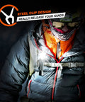 Person wearing a tactical jacket using Beast 600 Lumen Tactical Flashlight With 90 Degree Angled Head IP65 Waterproof LED Mini Light clipped on.
