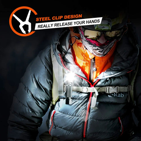 Person wearing a tactical jacket using Beast 600 Lumen Tactical Flashlight With 90 Degree Angled Head IP65 Waterproof LED Mini Light clipped on.