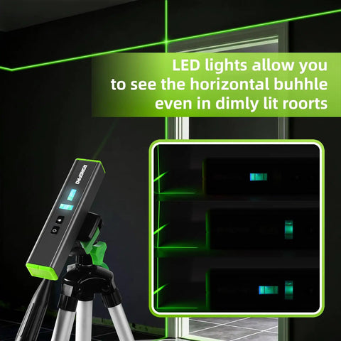 Portable Laser Level With Light And Magnetic Pocket Torpedo Tool For 15 Ft Cross Line Vertical And Horizontal Bubbles Handy For Hanging Pictures Walls And Home Renovation Projects Green Line on tripod