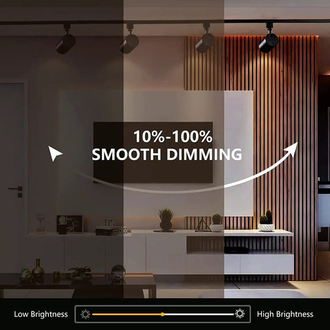 Six Pack 20W Dimmable LED Track Lighting Heads H Type, displayed with 10%-100% dimming range in a modern living room setting