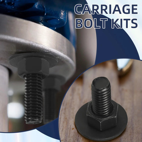 Close-up of galvanized carriage bolt (3/8 x 6 in) with washer and nut, part of a 50-bolt kit.