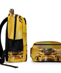 Golden Floral Bee Printed Unisex Backpack With Large Capacity, lightweight design with side view showing bee print details.