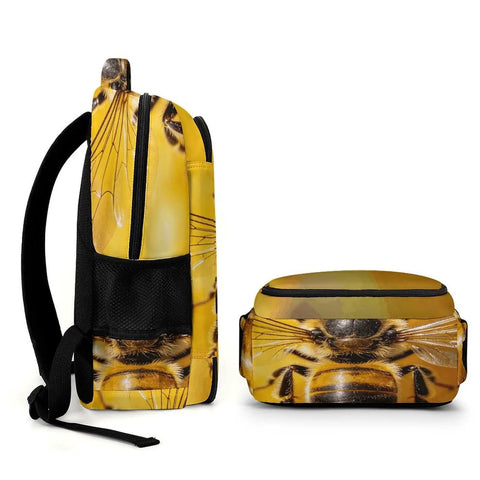 Golden Floral Bee Printed Unisex Backpack With Large Capacity, lightweight design with side view showing bee print details.