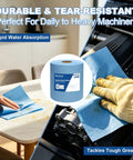 Legit Heavy Duty Shop Rags With Grease Eating Power Ultra Thick Pull And Tear Paper Towel Rolls For Automotive Detailing Lab Cleanup And Daily Workshop Grind, showing blue paper towels in use on a table and engine.