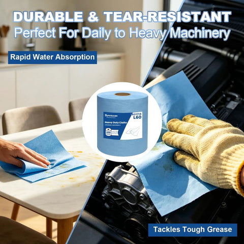 Legit Heavy Duty Shop Rags With Grease Eating Power Ultra Thick Pull And Tear Paper Towel Rolls For Automotive Detailing Lab Cleanup And Daily Workshop Grind, showing blue paper towels in use on a table and engine.