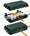 Heavy Duty Outdoor Waterproof Electrical Box Two Pack Tough As Nails Extension Cord Cover Slick Cable Protector For Power Strips Holiday Lights Nine Port Green with power strip and cables.