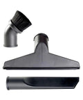 Three Piece Wet Dry Vacuum Attachment Kit For One Seven Eight Inch Wands And Hoses With Crevice Tool Wet Nozzle And Dusting Brush Fits Most Shop Vacuums For Quick Home Garage And Workshop Cleanup And Messes Tackled Fast, displayed with dusting brush, wet nozzle, and crevice tool on white background.