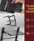 Adjustable DJ Laptop Stand With Two Tier Storage Shelf For Laptops, CD Players, DJ Controllers, EFX Lighting Gear On The Go Table
