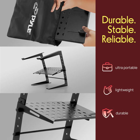 Adjustable DJ Laptop Stand With Two Tier Storage Shelf For Laptops, CD Players, DJ Controllers, EFX Lighting Gear On The Go Table