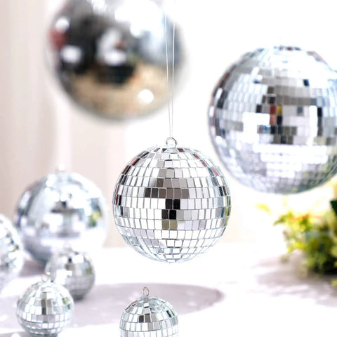 Twenty Piece Mini Disco Balls Set With Hanging Rope Assorted Silver Mirror Orbs In 6 4 3 2 Inch Sizes For Parties Weddings Dance Floors