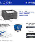 Compact Wireless Monochrome Laser Printer With Mobile Printing And Alexa Compatibility For WFH Home Offices Black And White Output Up To 30 Pages Per Minute Includes Refresh Subscription Trial with included accessories and dimensions displayed.