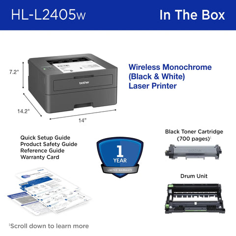 Compact Wireless Monochrome Laser Printer With Mobile Printing And Alexa Compatibility For WFH Home Offices Black And White Output Up To 30 Pages Per Minute Includes Refresh Subscription Trial with included accessories and dimensions displayed.