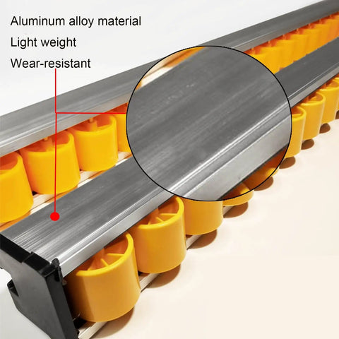 Close-up of aluminum alloy frame and orange skate wheels on Heavy Duty Conveyor With Plastic Skate Wheels For Flow Rack Conveyor Use