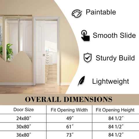 Smooth Sliding Pocket Door Kit 24x80 With Raised 2 Panel Arch Top White Primed Door Slab installed with features list