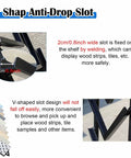 V-shaped anti-drop slot design on Top Shelf Heavy Duty Tile Sample Display Rack With Rock Solid Iron Frame For Marble Slab Floor Board Templates Large Gold Finish Built Tough Job Site Ready Rack.