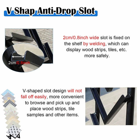 V-shaped anti-drop slot design on Top Shelf Heavy Duty Tile Sample Display Rack With Rock Solid Iron Frame For Marble Slab Floor Board Templates Large Gold Finish Built Tough Job Site Ready Rack.